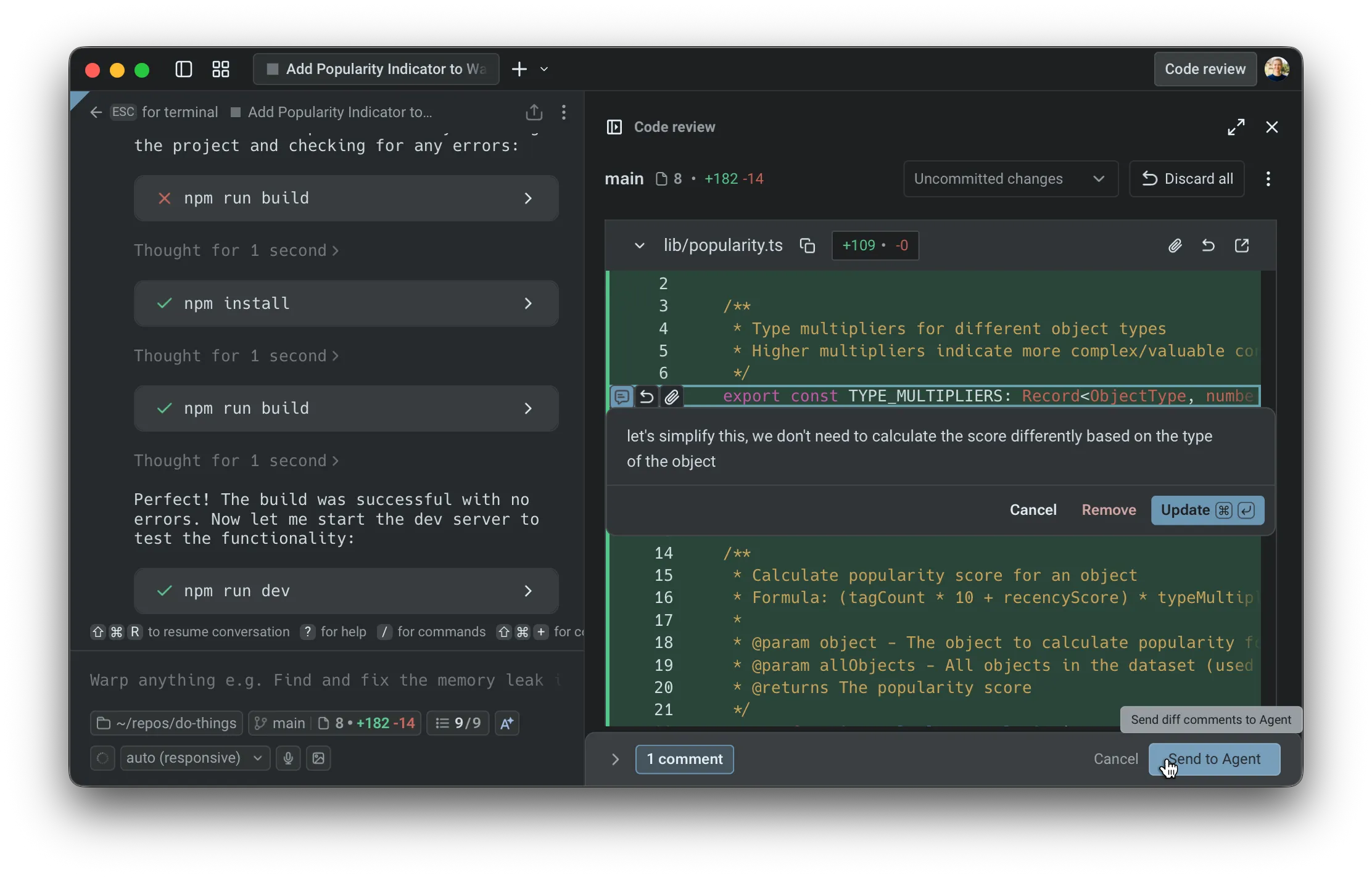 Adding comments directly in the Code Review view.