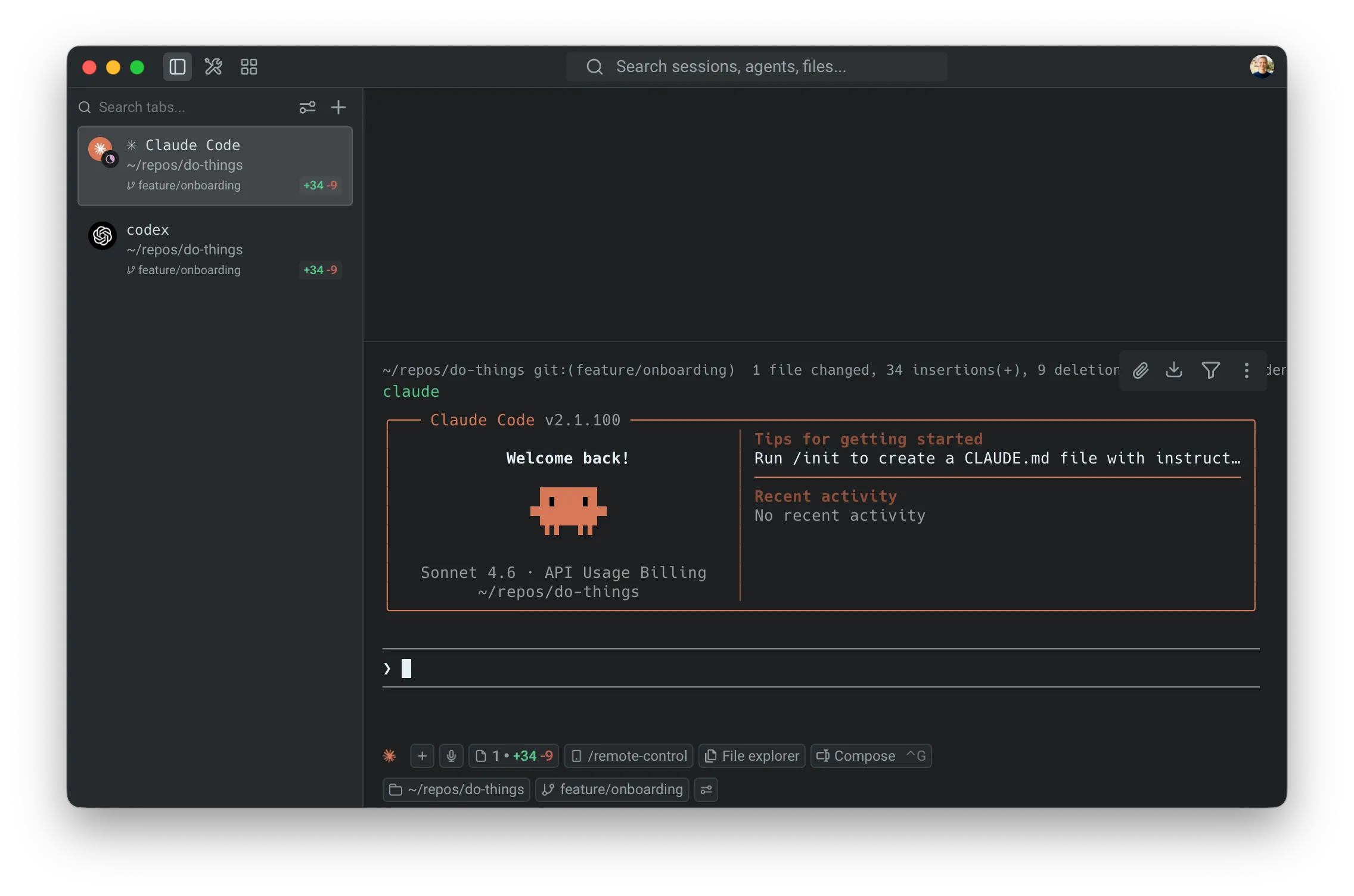 A Warp window with the vertical tabs sidebar on the left listing a Claude Code tab and a codex tab alongside the main terminal pane