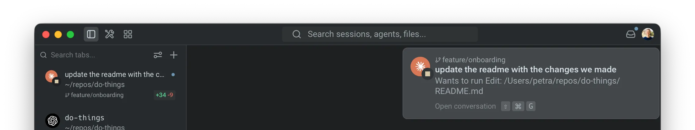 Warp notification popup showing an agent requesting permission to edit a file